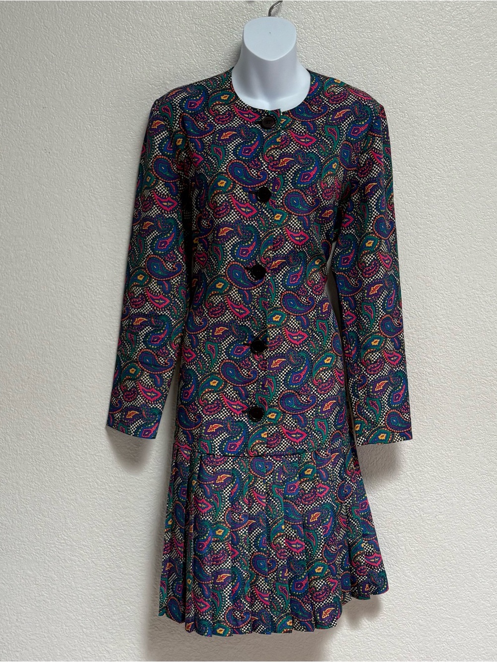 Vintage 80’s Leslie Fay Multicolor Paisley Long-Sleeve Button Dress
